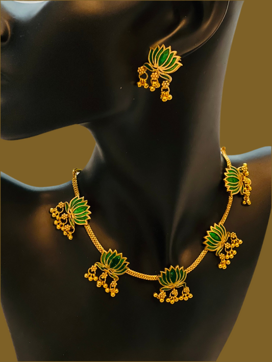 Hima - Green lotus with beads choker and earrings