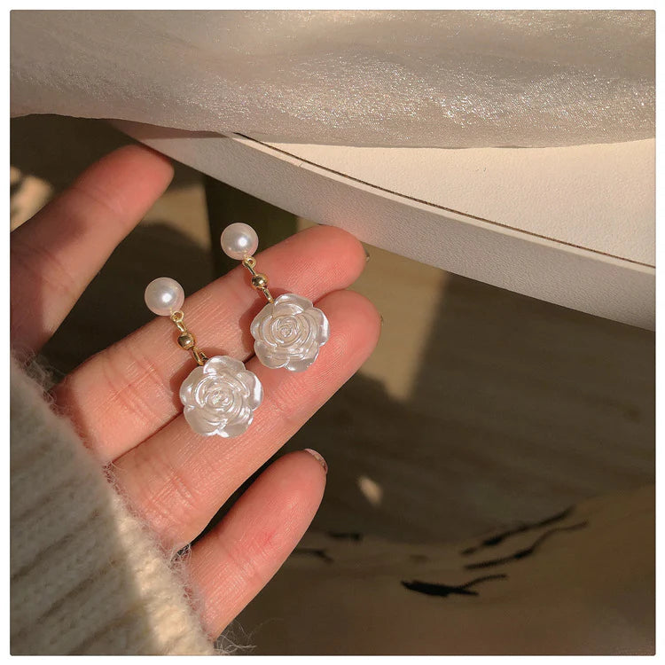 Rosie -Pearl Stud Rose Drop Earrings