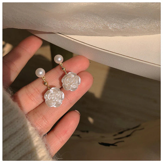 Rosie -Pearl Stud Rose Drop Earrings
