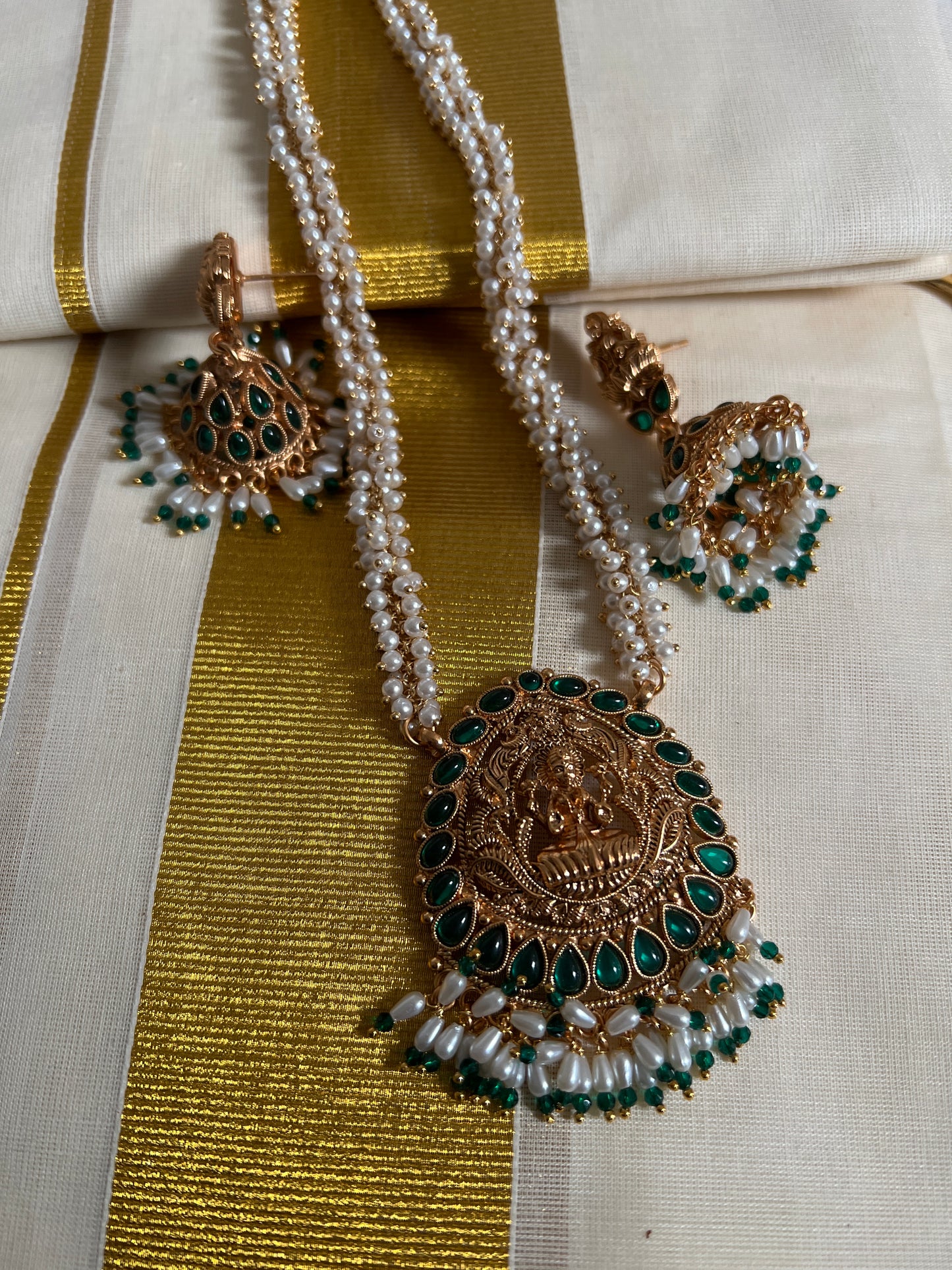 Maya- Elegant Temple Necklace and Jhumkas with pearls