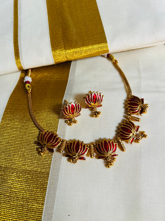 Hima-  Lotus choker & earrings in red color