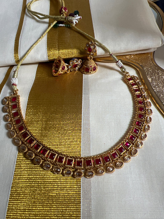 Swarna - Maroon Gold Kemp Necklace and earrings set