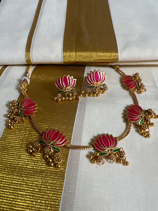 Raga - lotus choker and earrings in Rani pink