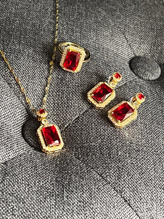 Ruby Bliss - set of earrings, free size ring and 18k gold plated necklace
