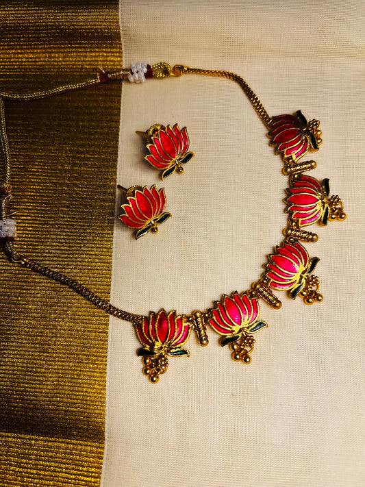 Hima - Rani pink Lotus choker and earrings