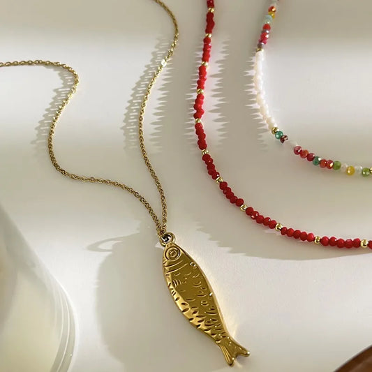 Mermaid - set of 3 necklaces .18 k gold plated Necklace with fish pendant and beaded necklaces