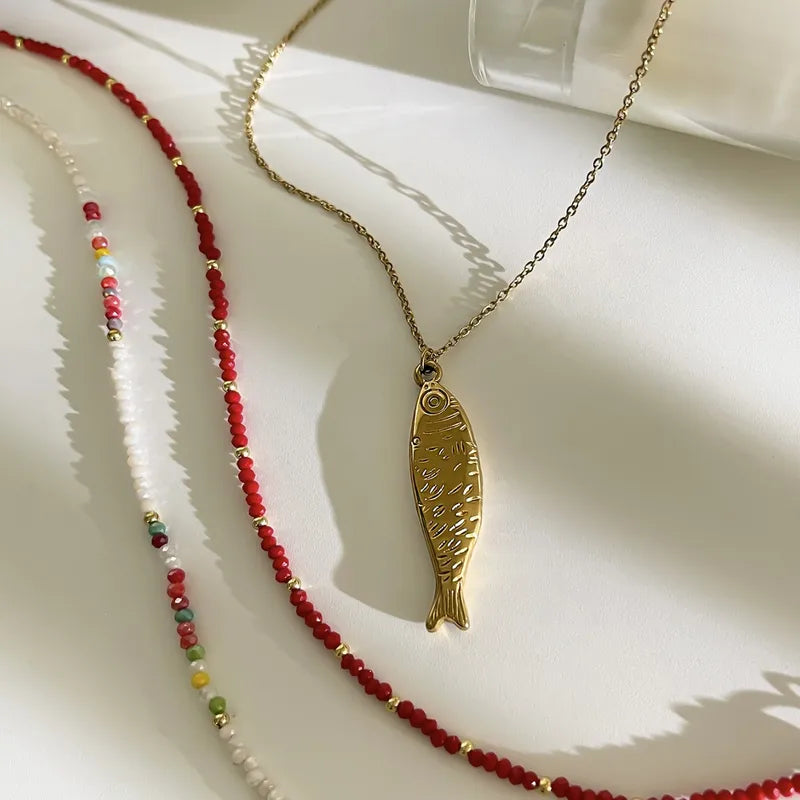 Mermaid - set of 3 necklaces .18 k gold plated Necklace with fish pendant and beaded necklaces