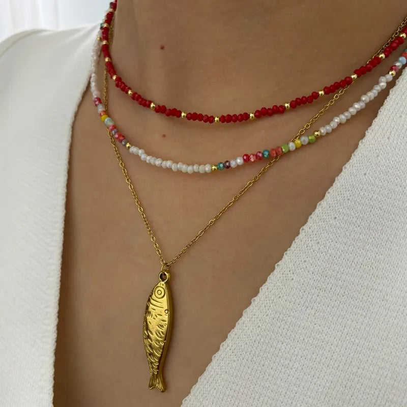 Mermaid - set of 3 necklaces .18 k gold plated Necklace with fish pendant and beaded necklaces
