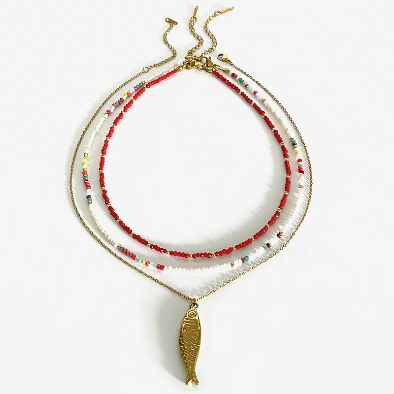 Mermaid - set of 3 necklaces .18 k gold plated Necklace with fish pendant and beaded necklaces