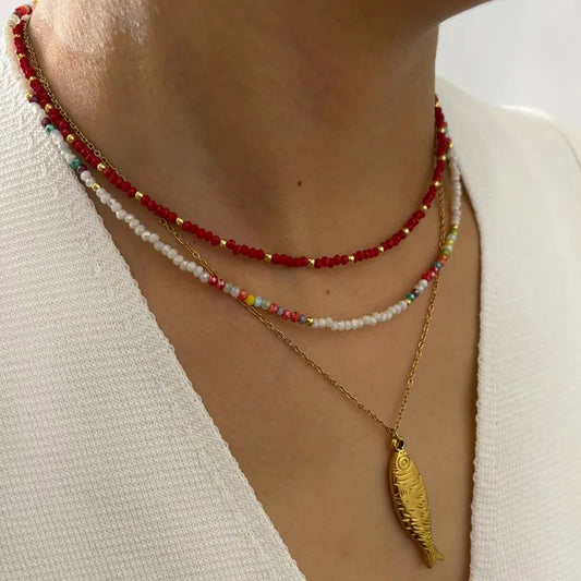 Mermaid - set of 3 necklaces .18 k gold plated Necklace with fish pendant and beaded necklaces
